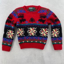 Polo Ralph Lauren Kids Wool Hand Knit Fair Isle Sweater Red Tree Moose Size 5