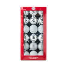 50-Count Silver and White Shatterproof Christmas Ornaments, by Holiday Time