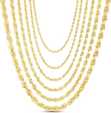 14K Solid Yellow Gold Necklace Rope Chain Solid Necklace Diamond Cut-2MMand2.5MM