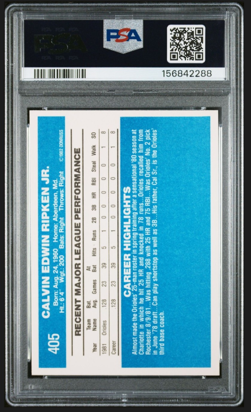 1982 Donruss #405 Cal Ripken Jr PSA 9 view 2