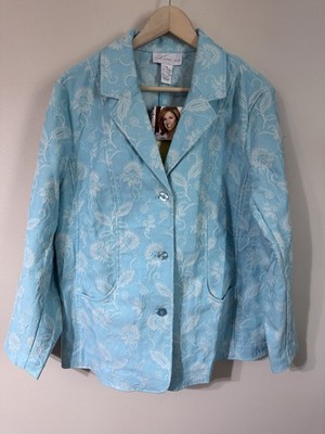 Susan Graver Brocade Jacquard Floral Aqua Blue Blazer Jacket Cottagecore NWT 1X