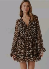Mango Ruffle Tie Front Floaty Leopard Mini Dress Long Sleeve Brown XS RRP £56