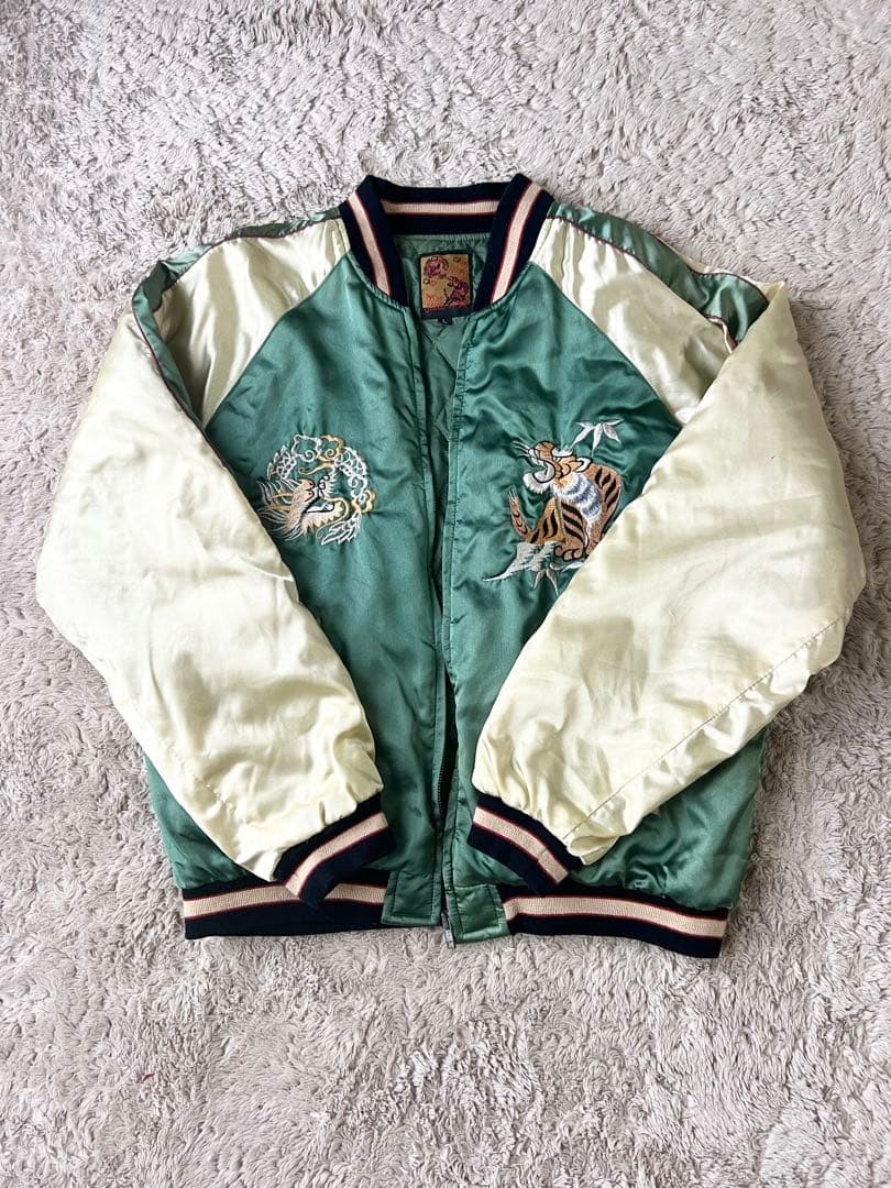 Tiger & Dragon Embroidered Satin Sukajan L Green Used