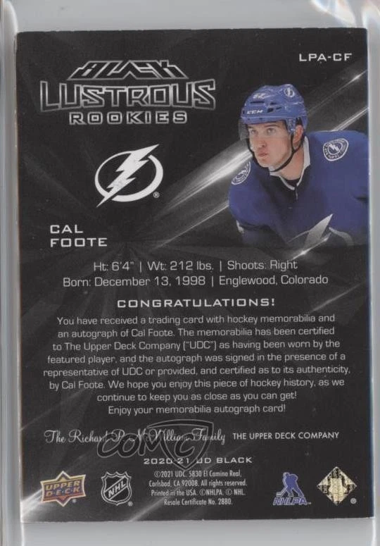 2020-21 SPx UD Black Lustrous Rookies Tier 1 /125 Cal Foote RPA Patch Auto RC - Image 2 of 2