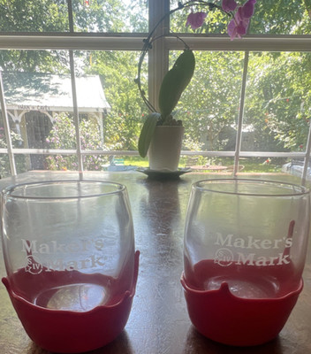 Maker's Mark Distillery Glasses Set of 2 Clear with Red Base Advertising