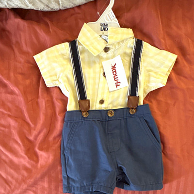 Little Lad Boys 12 Months 2pc Plaid Shirt & Blue Shorts Set w/ Suspenders