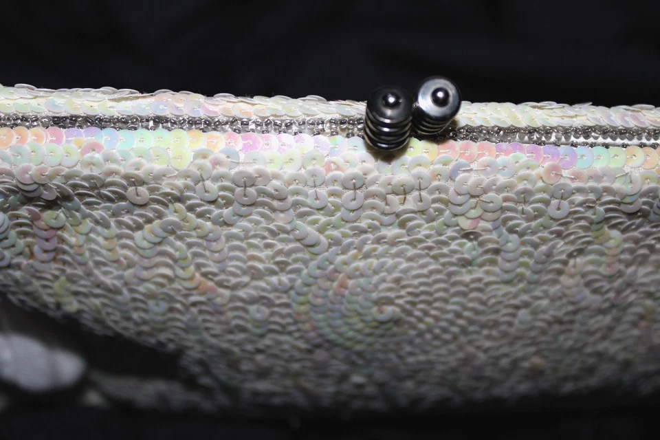 Bolso de Mano Ed B Robinson Vintage Blanco Lentejuelas Noche Hecho en Francia Foto 4 de 4