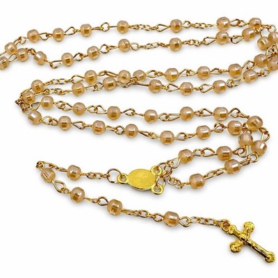 Golden Acrylic Rosary Necklace Prayer Chain 4mm Beads Cross Holy Communion