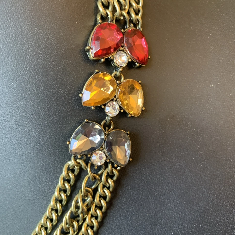 New Necklace-Antique Gold Multi chain W/Red Amber & Gray Rhinestone Bead Accent - Image 3 of 4