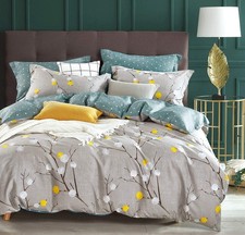 Duvet Cover Queen, 600 Thread Count Cotton Grey Branch with Yellow Turquoise ...