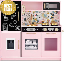 Wooden Pretend Play Kitchen Set Pink Floral w/ Phone, Sink, Oven, Microwave