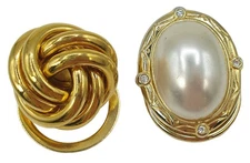 2 VINTAGE SCARF CLIPS GOLD TONE 1" KNOT 1.5" CRYSTAL RHINESTONE 1 WHITE FX PEARL