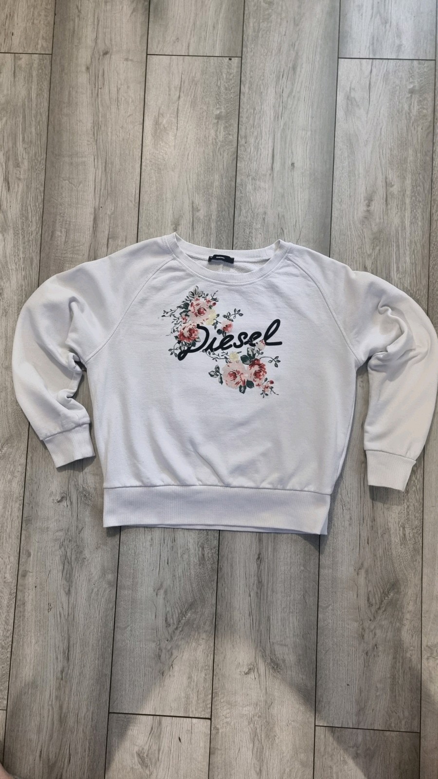 Diesel White Floral Script Logo Sweatshirt Jumper │ Cropped │ Size M │ UK 10-12 image 3