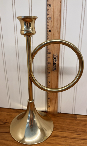 Vintage Solid Brass French Horn 10" Candle Holder Made in Hong Kong - Picture 6 of 8