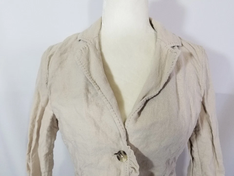Chaqueta Blazer Hei Hei Anthropologie Beige Tostado Lino Manga 3/4 Volantes Talla 6 Foto 2 de 4