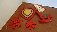 Set of 5 Christmas WOOD Ornaments Heart, Snowflakes, Sleigh, Tree