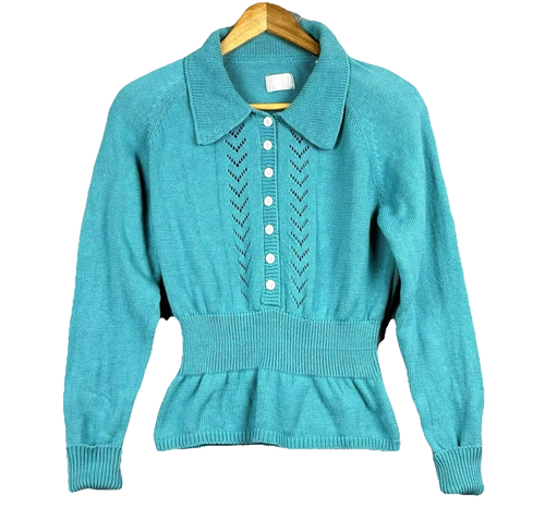 Vintage Esprit Womens Sweater Sz M Teal Collar Peplum Preppy Secretary Feminine