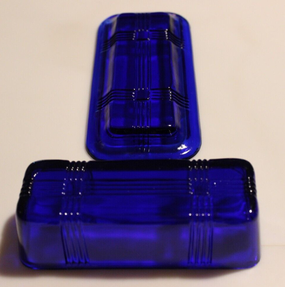 Hazel Atlas Cobalt Blue Criss Cross Covered Butter Dish 1/4 lb Butter Rectangle