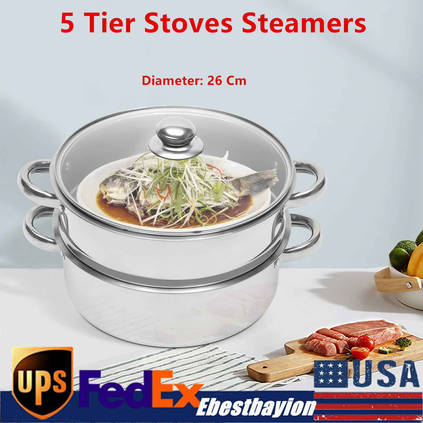 5-Tier Stainless Steel Steamer Pot with Glass Lid for Hot Pot Cooking