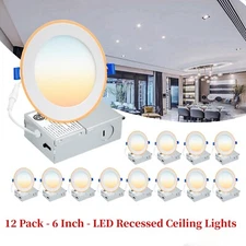 12Pack 12Watt - 6 Inch 5CCT Ultra-Thin LED Recessed Ceiling Light + Junction Box
