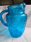 Vintage Anchor Hocking Spring Song Embossed Daisy Pitcher Blue 9” High #SH 2