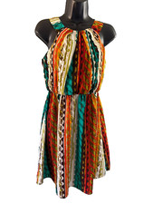 A Beyer Halter Sundress Womens Size Small Elastic Waist Lightweight Mixed Print