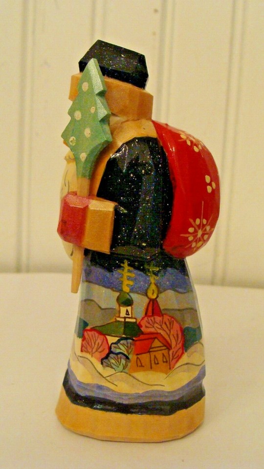Russian Wood Hand Carved SANTA Holding Presents & Tree Figurine, Made