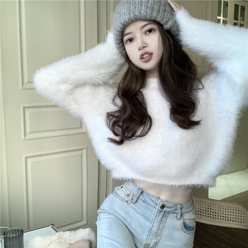 Womens Knitted Sweater Fluffy Faux Fur 