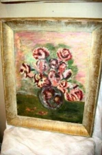 NAIVE IMPRESSIONIST FORAL OIL PAINTING PRIMITIVE PALLETE KNIFE CHIPPY FRAME MCM
