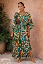 Frida Kahlo Inspired Tropical Botanical Caftan Maxi Dress
