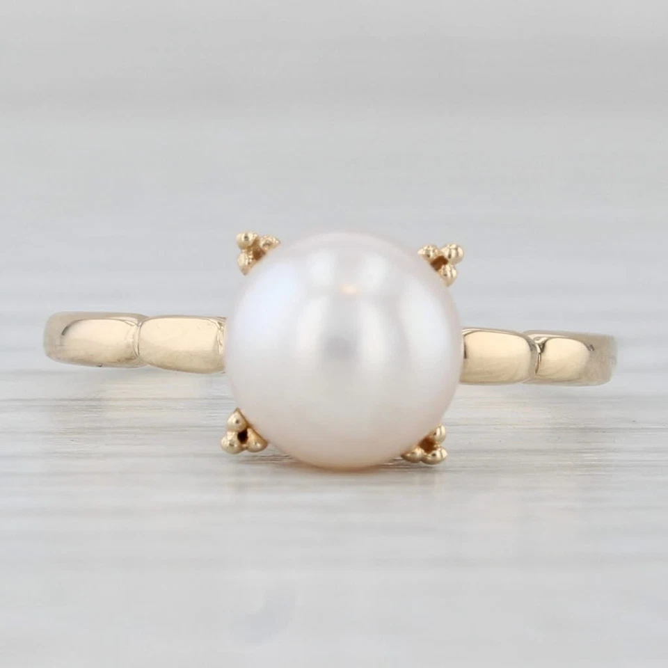 Anillo solitario vintage de perlas cultivadas de 8 mm de oro amarillo de 14 k talla 7 Foto 2 de 4