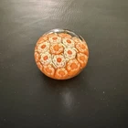 Vtg Small Murano Style Millefiori Glass Paperweight Orange & White Floral Design