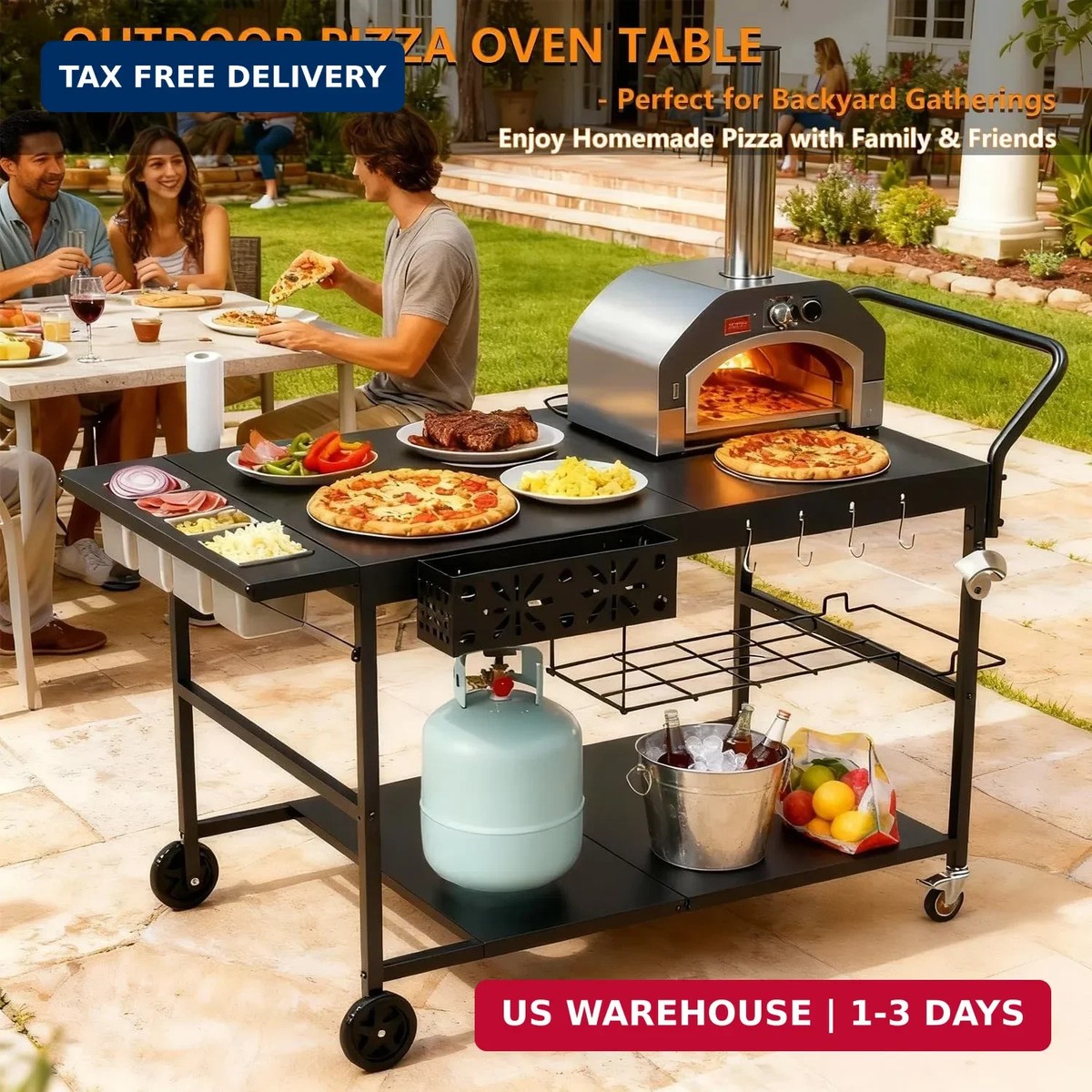 Pizza Oven Table with Topping Station, Outdoor Pizza Oven Cart
