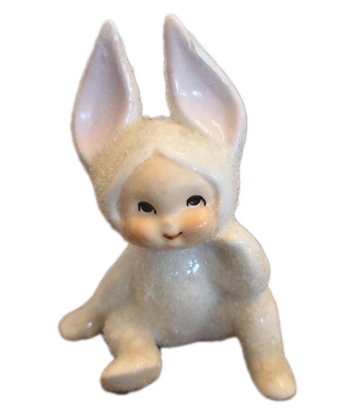 Vintage Sugar Glazed Snow Baby Bunny Rabbit Ceramic Figurines Set Of 3