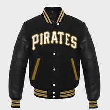 Pittsburgh Pirates Varsity Jacket Black Wool & Leather Sleeves Bomber Style Coat