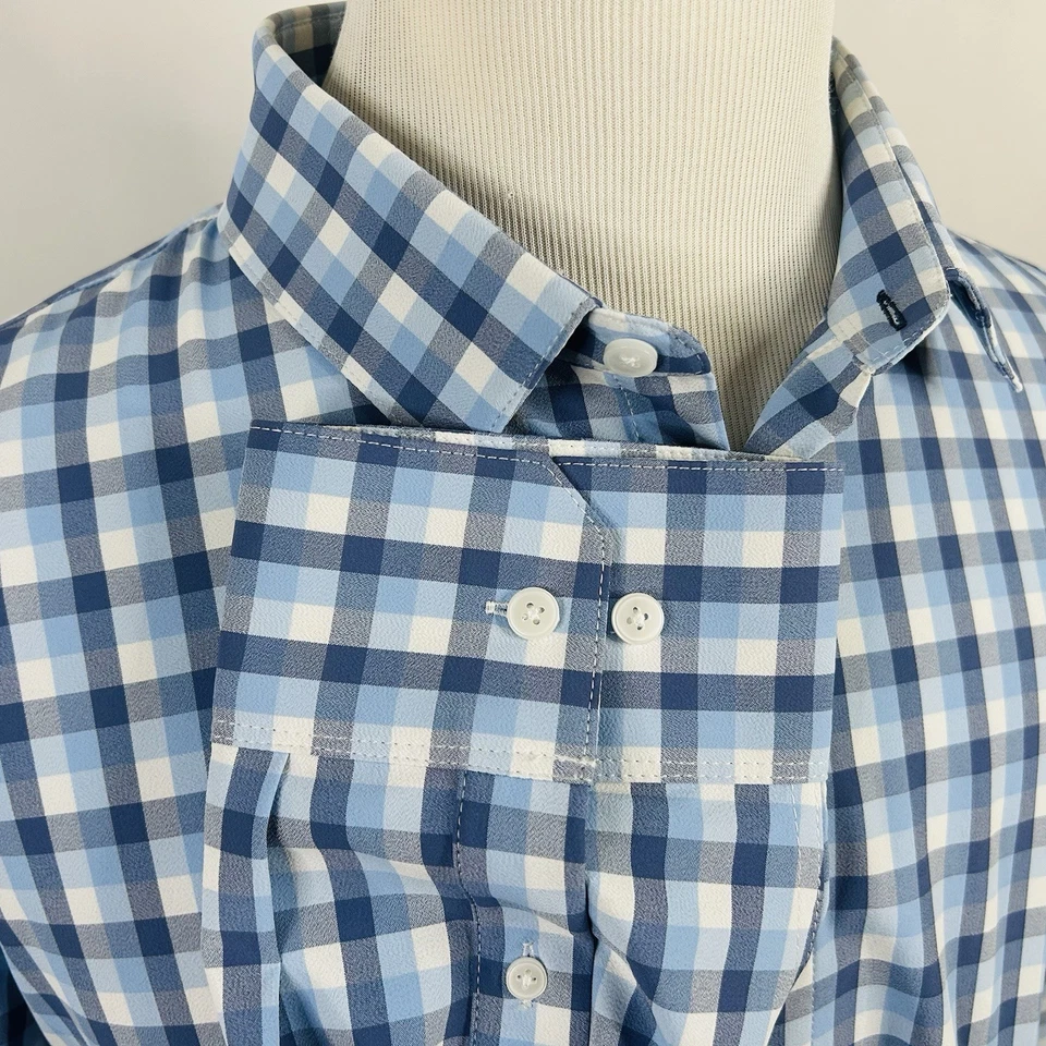 Mizzen Main Leeward 2XL Trim Fit Shirt Blue White Plaid Button Front Poly Blend - Image 4 of 4
