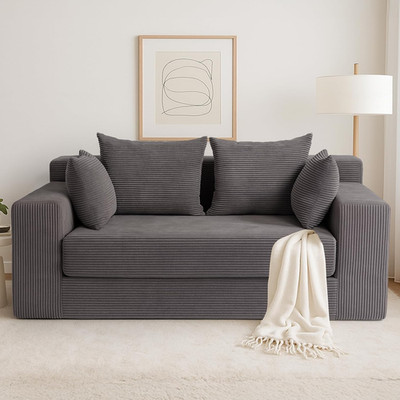 Grey Corduroy 3-in-1 Convertible Sofa Bed with Pillows - Loveseat Futon