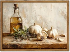 Framed Vintage Kitchen Canvas Wall Art, Rustic Garlic and Herbs Pictures Wall De