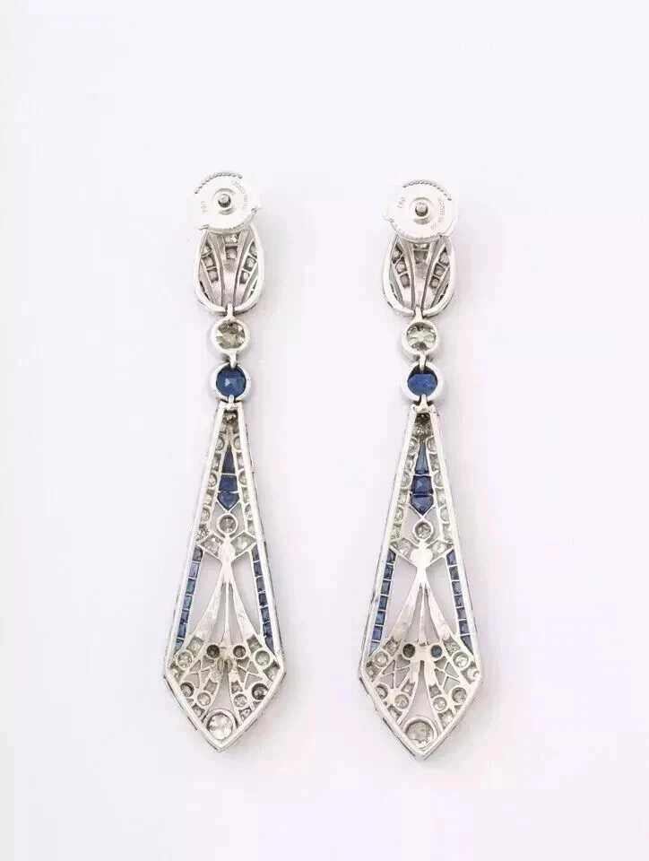 Art Deco Style Lab Created Diamond & Sapphire Dangle 14k White SILVER Earrings - Image 3 of 4