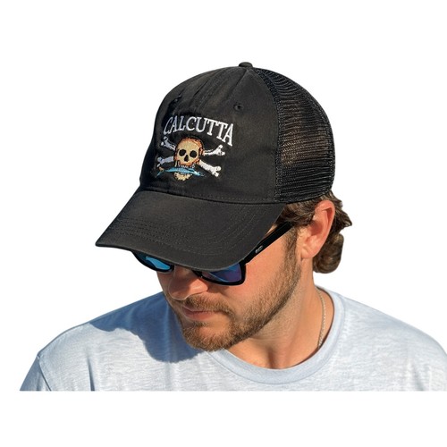 Calcutta Skull & Crossbones Mesh Trucker Hat Black Adjustable Fishing Cap
