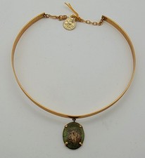 Superbe Collier Torque Vintage Plaqué Or Micronisé Pendentif Émaux Verts #J150