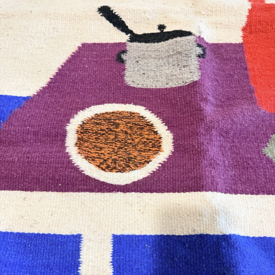 Alfombra zapoteca mexicana moderna de mediados de siglo tapiz de pared color primario escena de cocina Foto 3 de 4