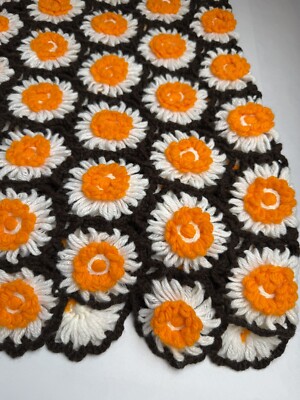 Handmade Knitted Crocheted Throw Blanket Orange White Brown Daisy Flower Design