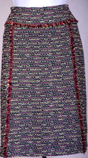 ST.JOHN Womens Tweed Black Red Yellow White Fringed Trim Skirt Sz 6