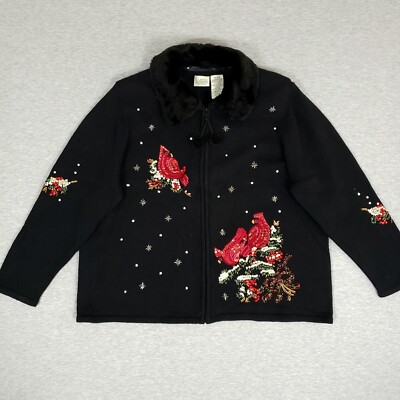 Classic Elements Woman 20-22W Beaded Cardinal Bird Black Sweater Christmas NEW