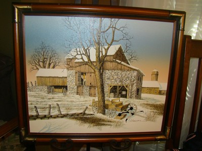 H Hargrove Barn Winter Christmas Scene Picture Painting Canvas