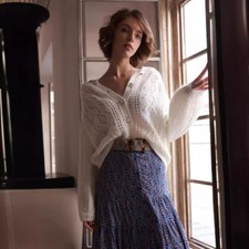 Sezane Women's Round Neck   Crochet Mohair Blend Soft Waxy Knit Cardigan