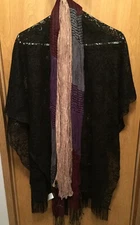 Black Shaw Wrap Around Loose Knit  Women Large W/ Two Scarfs No Brand Preowned