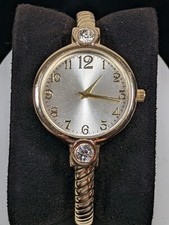 Womans Silver Tone Dial Round Gold Tone Case Hinge Open Cuff Bracelet Watch 6.5i