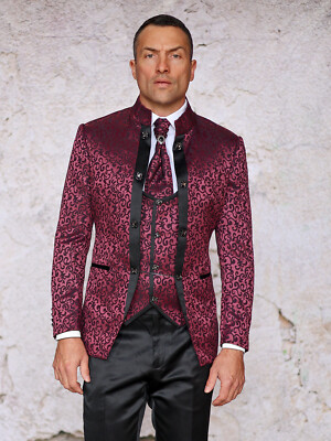 NWT 42R WINE BANNED COLLAR MENS SUIT, SLIM FIT, 2 SIDE VENT, FLAT FRONT PANTS,